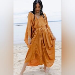 Satin, Slinky Belted Asymmetrical Copper Kaftan Dress SZ/OS
